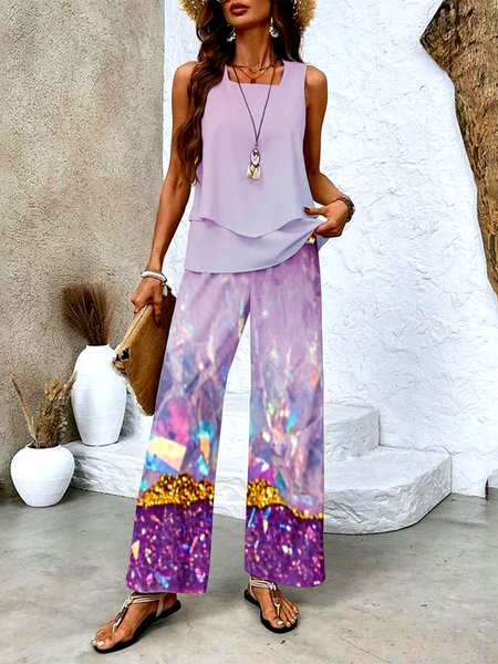 

Women Floral Two-Piece Set Daily Sleeveless Casual Summer Matching Set, Light purple, Jumpsuits&Rompers