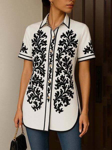 

Urban Floral Printing Shirt Collar Shirt, Black-white, Blouses and Shirts