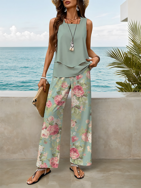 

Women Floral Printing Two-Piece Set Daily Sleeveless Casual Summer Top With Pants Matching Set, Green, Suit Set