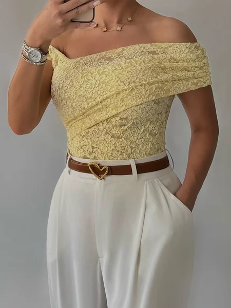 

Elegant Lace Cold Shoulder Plain Blouse, Yellow, Blouses and Shirts