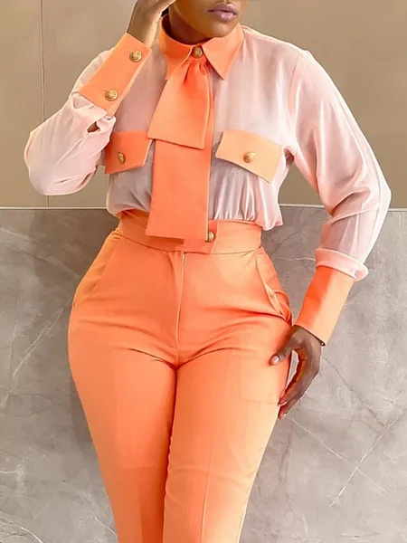 

Urban Color Block Buttoned Shirt Collar Shirt, Orange, Blouses and Shirts