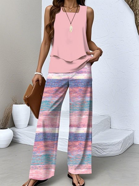 

Women Striped Two-Piece Set Daily Sleeveless Casual Summer Top With Pants Matching Set, Pink, Sets