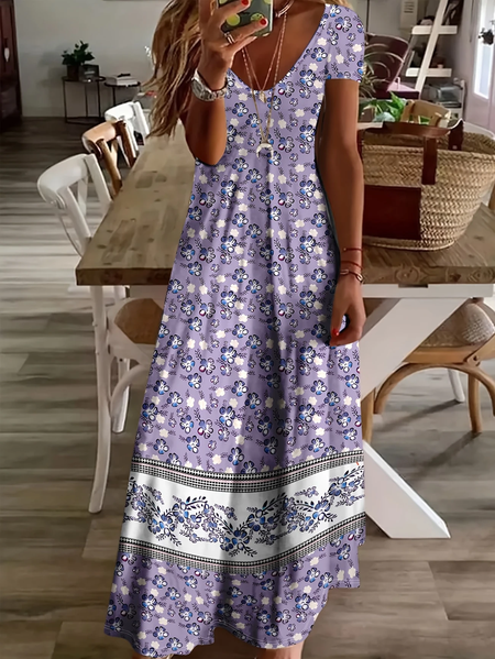 

Women Floral Short Sleeve Summer Printing Dress V Neck Daily Casual Maxi X-Line Dress, Purple, Casual Dresses