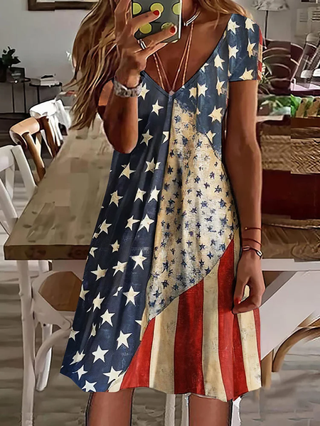 

Women Independence Day (Flag) Short Sleeve Summer Printing Dress V Neck Daily Casual Midi Classic A-Line Dress, As picture, Casual Dresses