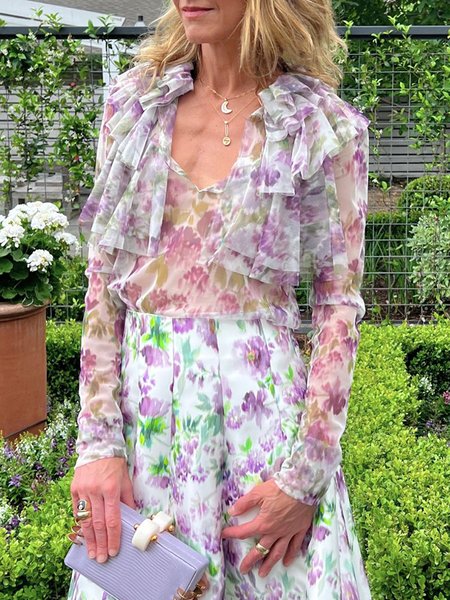 

Elegant Floral Printing Lotus Leaf Collar Blouse, As picture, Blouses and Shirts