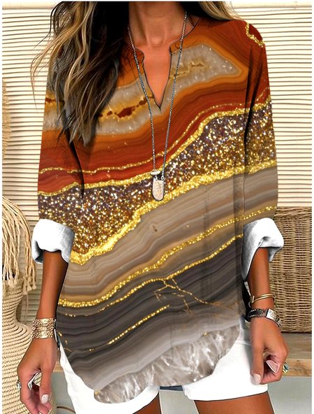 

V Neck Long Sleeve Geometric Regular Micro-Elasticity Regular Fit Shirt For Women, Brown, Shirts