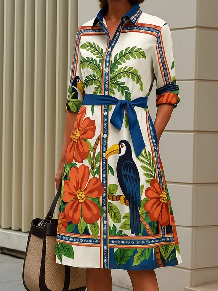 

Casual Tropical Printing Shirt Collar Knee Length Dress With Belt, As picture, Midi Dresses