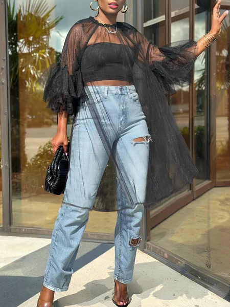 

Urban Plain Crew Neck Ruffle Sleeve Blouse With Tube Top, Black, Blouses and Shirts