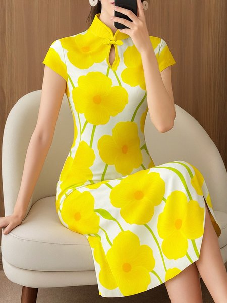 

Elegant Floral Printing Stand Collar Knee Length Dress, Yellow, Midi Dresses