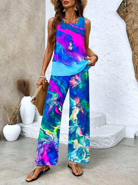 

Women Floral Two-Piece Set Daily Sleeveless Casual Summer Matching Set, Blue, Jumpsuits&Rompers