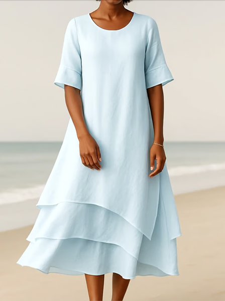 

Women Plain Summer Dress Crew Neck Half Sleeve A-Line Dress, Light blue, Maxi