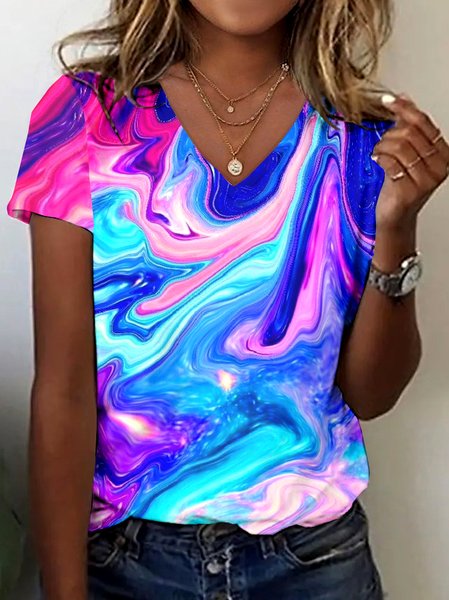 

Casual Floral V Neck Short Sleeve T-shirt, Blue, T-shirts