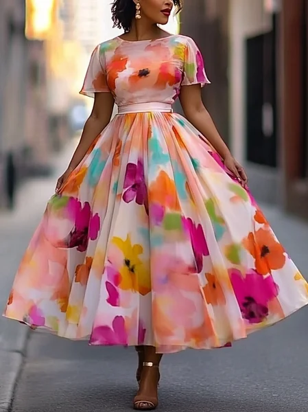 

Elegant Floral Printing Crew Neck Midi Dress, As picture, Midi Dresses