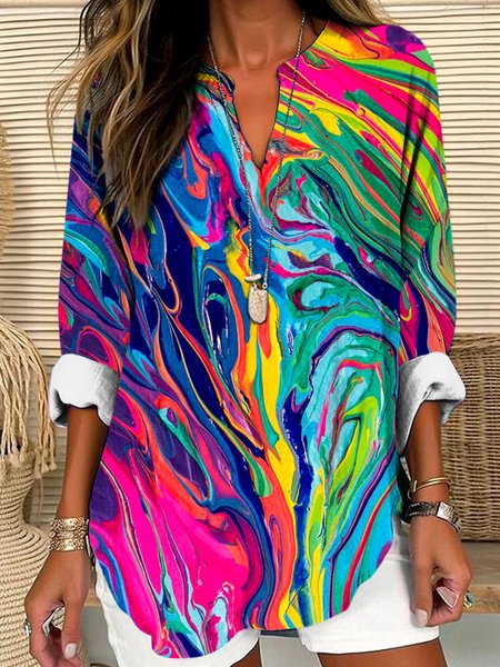 

V Neck Long Sleeve Geometric Regular Micro-Elasticity Regular Fit Shirt For Women, Blue, Shirts
