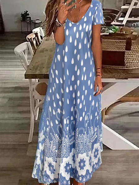 

Women Floral Short Sleeve Summer Printing Dress V Neck Daily Casual Maxi X-Line Dress, Blue, Casual Dresses