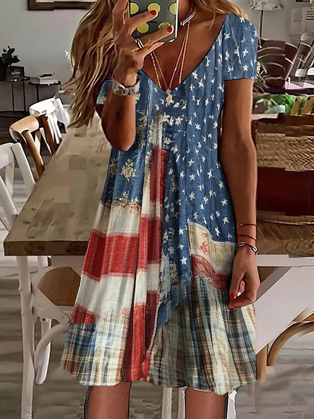 

Women Independence Day (Flag) Short Sleeve Summer Printing Dress V Neck Daily Casual Midi Classic A-Line Dress, As picture, Casual Dresses