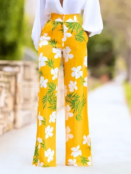 

Casual Floral Printing Straight Pants, Yellow, Pants