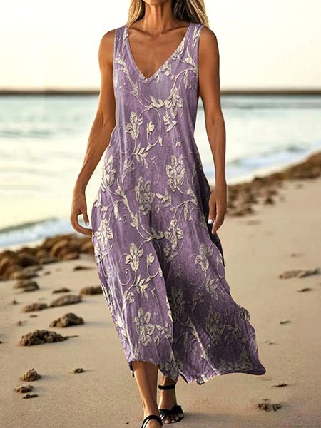 

Women Floral Summer Dress V Neck Sleeveless A-Line Dress, Light purple, Maxi
