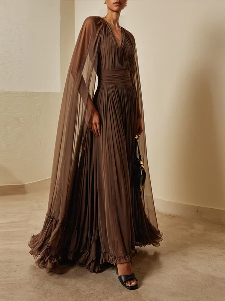 

Elegant Plain Flutter Sleeve Shirred Maxi Dress, Brown, Maxi Dresses