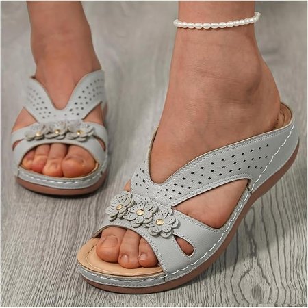 

Vintage Plain Slip On Block Heel Slide Sandals, Gray, Women shoes