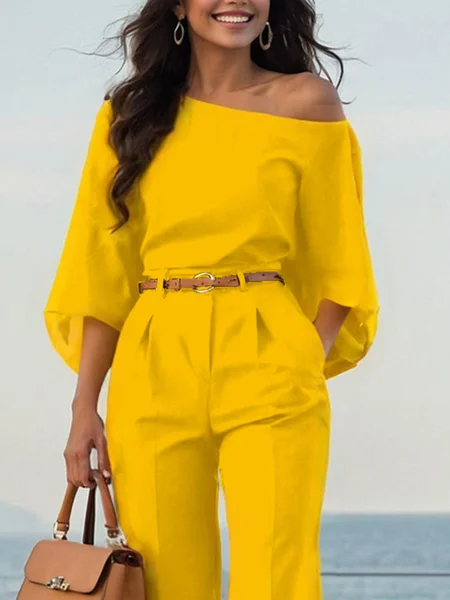 

Urban Plain Irregular Craftsmanship One Shoulder Balloon Sleeve Blouse, Yellow, Blouses and Shirts