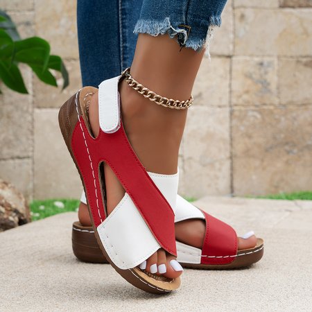 

Vintage Color Block Hook And Loop Flat Heel Slide Sandals, Red, Women shoes