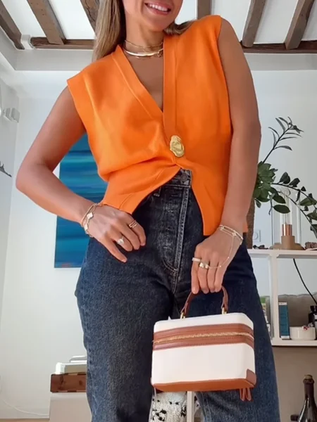 

Urban Plain Metal Buckle V Neck Sweater, Orange, Pullovers