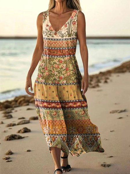 

Women Floral Summer Dress V Neck Sleeveless A-Line Dress, Brown, Dresses