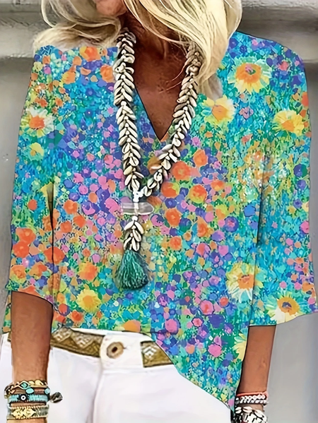 

Women Floral Three Quarter Sleeve Blouse Spring/Fall Printing V Neck Daily Casual Top, Blue, Blouses