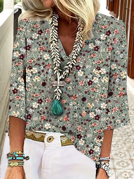 

Women Floral Three Quarter Sleeve Blouse Spring/Fall Printing V Neck Daily Casual Top, Green, Blouses