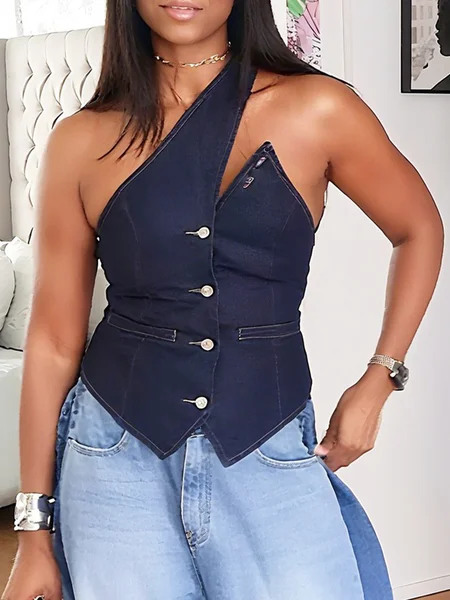 

Urban Plain Asymmetrical Denim Vest, Blue, Vests and Gilets