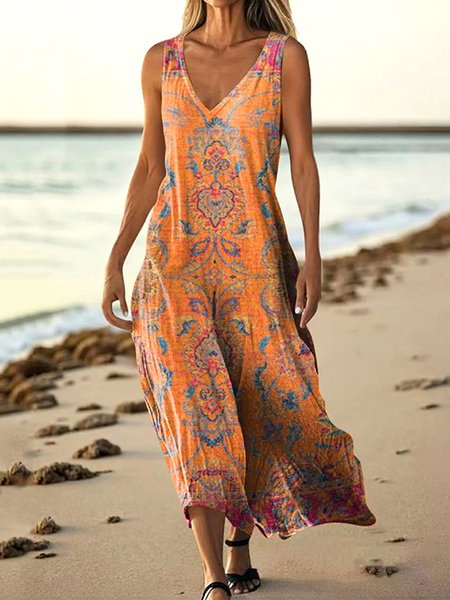 

Women Floral Summer Dress V Neck Sleeveless A-Line Dress, Yellow, Maxi