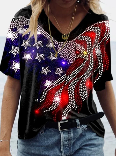 

Women Independence Day (Flag) Short Sleeve Tee T-shirt V Neck Printing Casual Summer Graphic Tee Top, Black, T-Shirts