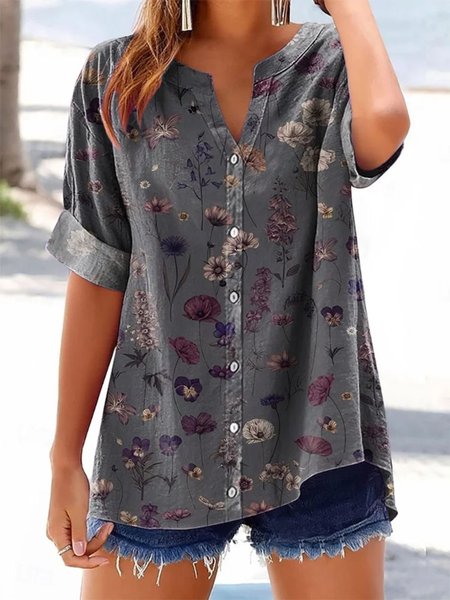 

V Neck Short Sleeve Floral Regular Micro-Elasticity Regular Fit Shirt For Women, Deep gray, Shirts
