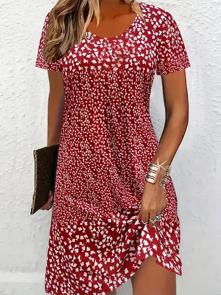 

Women Ditsy Floral Short Sleeve Summer Printing Dress Crew Neck Daily Casual Mini Tunic H-Line Dress, Red, Casual Dresses