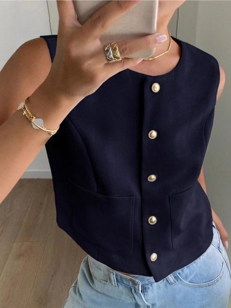

Women Sleeveless Tank Top Camisole Summer Plain Buckle Crew Neck Daily Simple Top, Purplish blue, Tanks & Camis