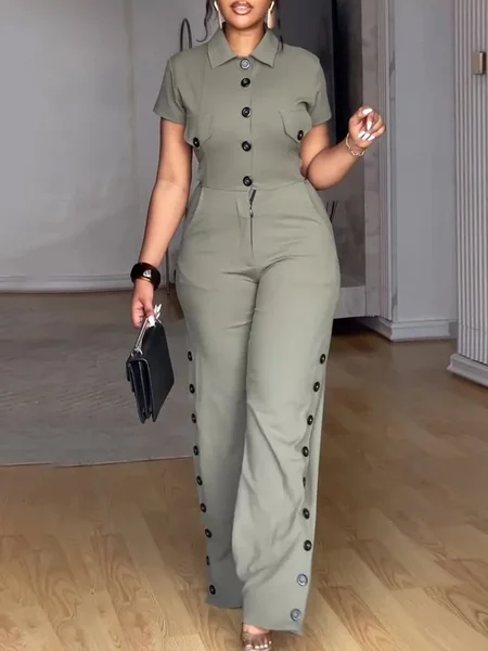 

Casual Pockets Plain Buttoned Jumpsuit, Green, Jumpsuits