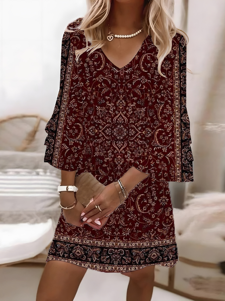 

Women Floral Half Sleeve Summer Printing Dress V Neck Daily Casual Maxi H-Line Dress, Crimson, Casual Dresses