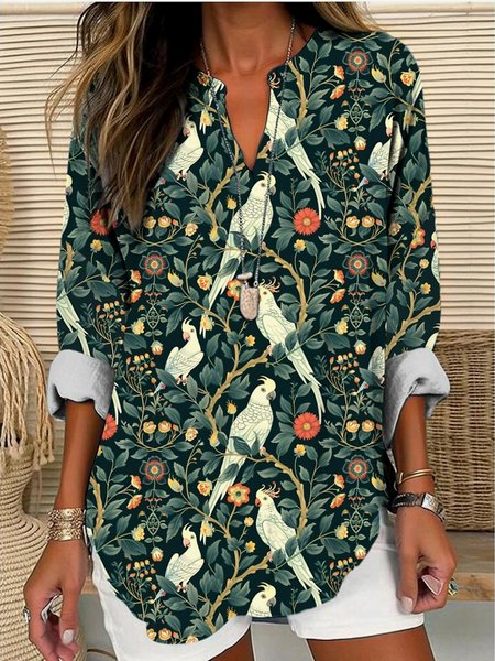 

V Neck Long Sleeve Geometric Regular Micro-Elasticity Regular Fit Shirt For Women, Black, Shirts