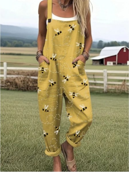 

Women Animal Square Neck Gallus Casual Summer Cotton And Linen Jumpsuit, Yellow, Jumpsuits＆Rompers
