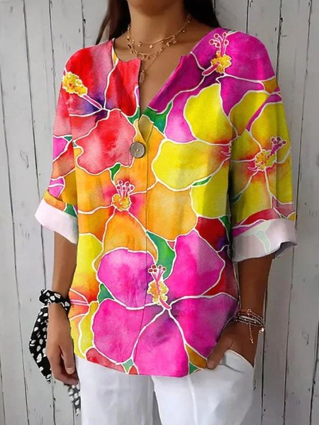 

Shawl Collar Three Quarter Sleeve Floral Regular Loose Blouse For Women, Pink, Blouses