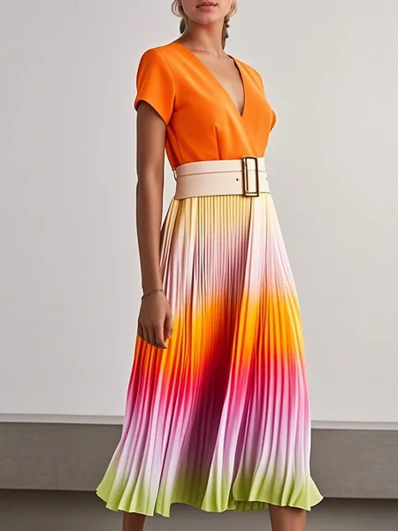 

Elegant Ombre Printing Midi Dress No Belt, As picture, Midi Dresses