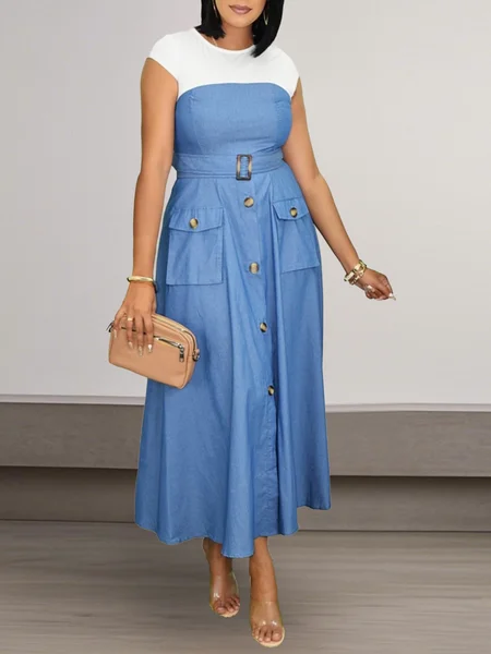 

Urban Faux Denim Plain Buttoned Strapless Midi Dress With Belt, Blue, Midi Dresses