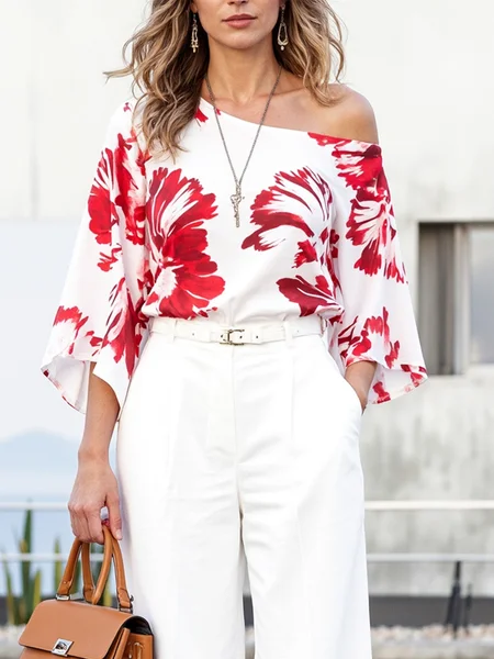 

Urban Floral Printing One Shoulder Raglan Sleeves Blouse, As picture, Blouses and Shirts