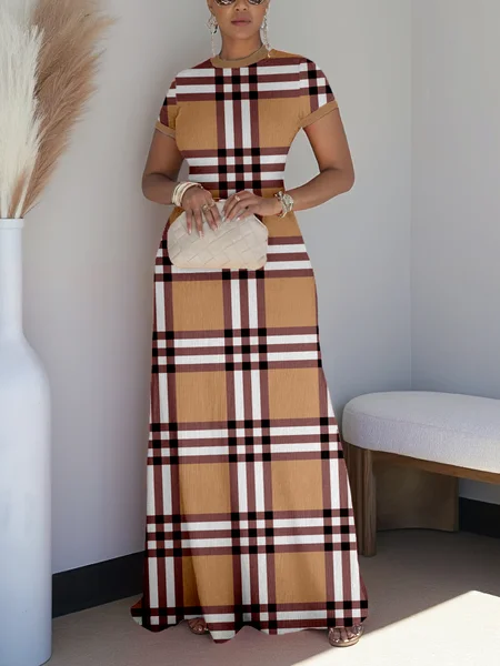 

Casual Plaid Printing Crew Neck Maxi Dress, Khaki, Maxi Dresses
