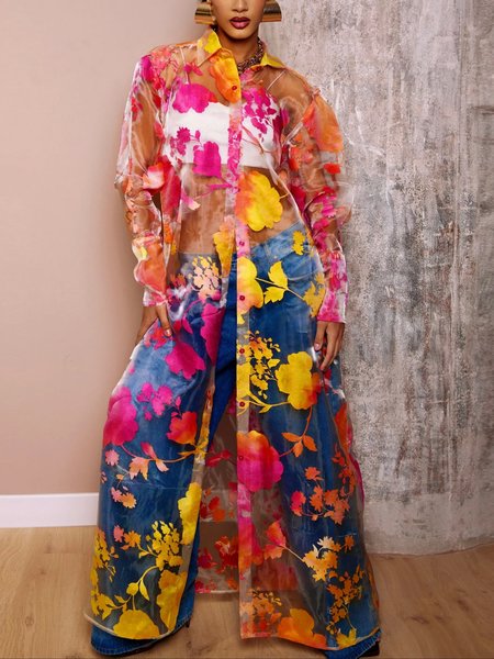 

Vacation Floral Printing Shirt Collar Loosen Shirt, As picture, Blouses and Shirts