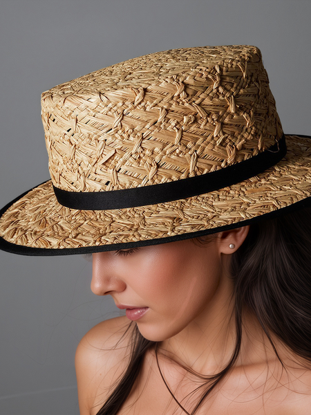 

Raffia simple texture flat top hat travel sun hat, As picture, Hats