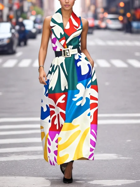 

Elegant Random Print Printing Lapel Collar Maxi Dress With Belt, As picture, Maxi Dresses