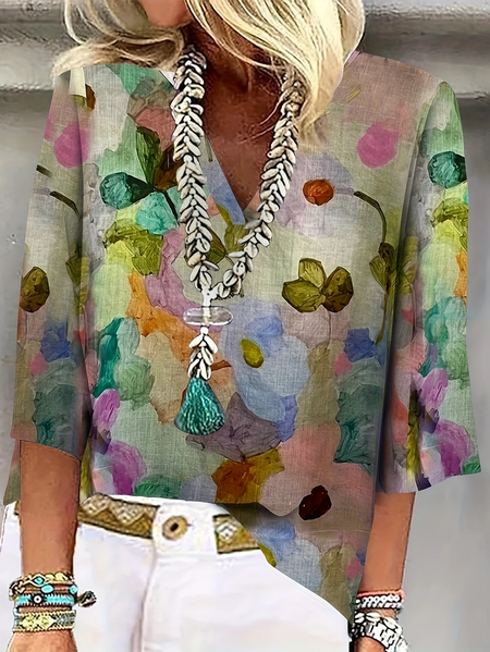 

Women Floral Three Quarter Sleeve Blouse Spring/Fall Printing V Neck Daily Casual Top, As picture, Blouses