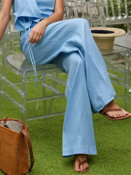 

Linen blend Casual Plain Wide Leg Pants, Blue, Pants